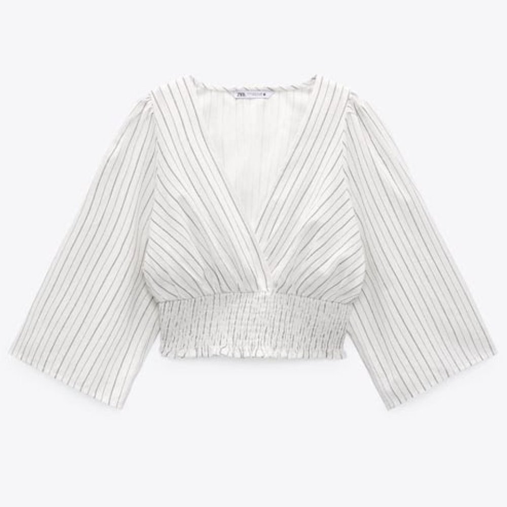 Zara Linen Blend Blouse Cross Wrap Striped Crop